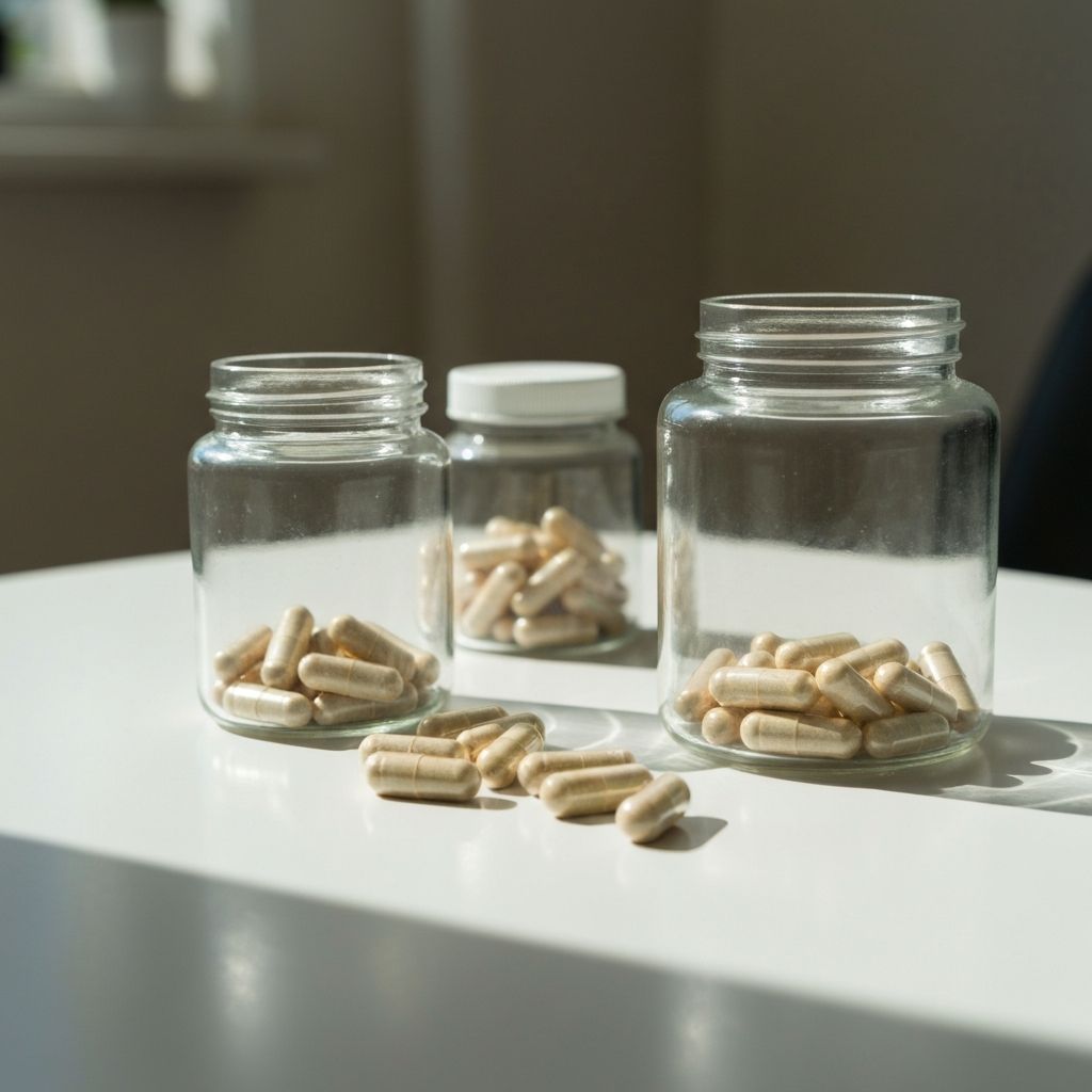 Supplement-Gläser und Kapseln auf sauberer Oberfläche