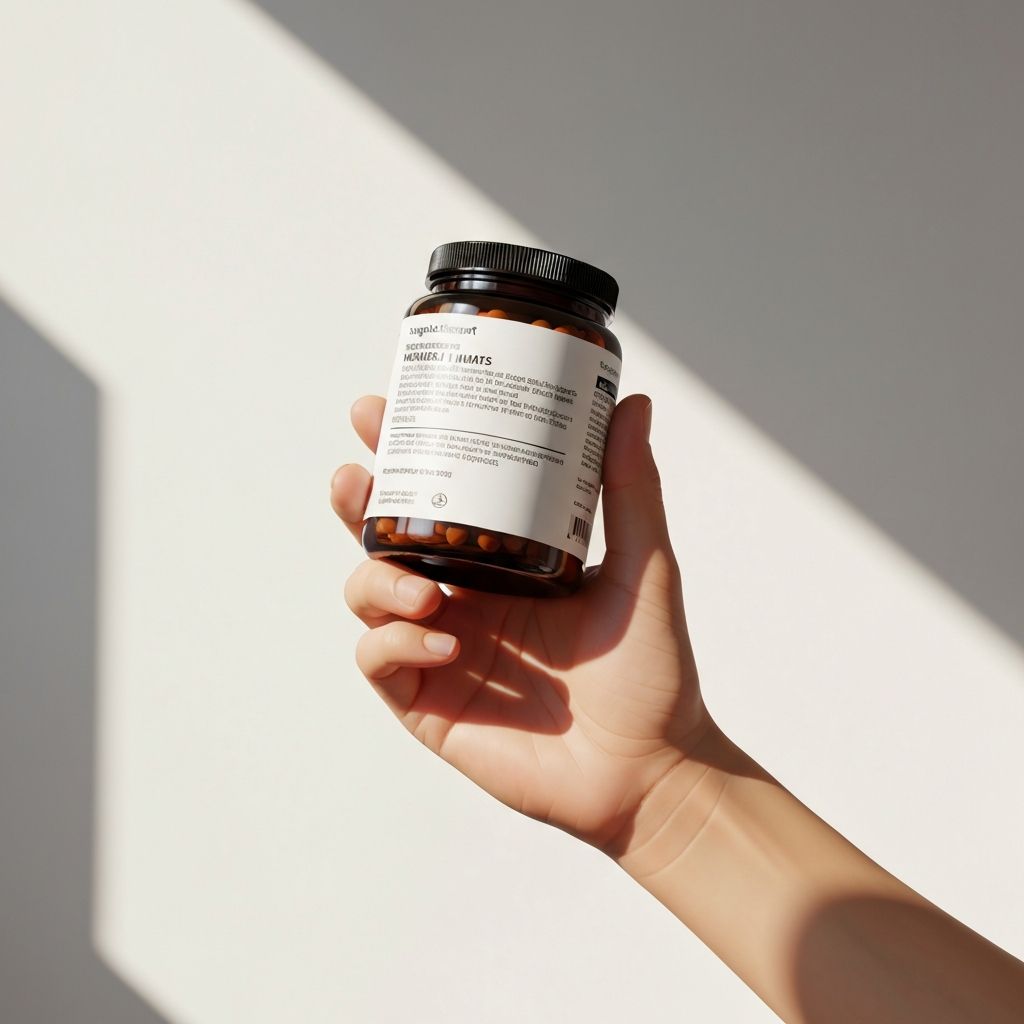 Hand hält Supplement-Glas mit sichtbarem Etikett